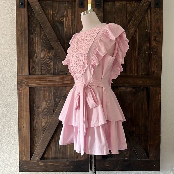 SWEET TALKIN' HALTER Flutter Sleeve Crochet Lace Overlay Romper Dress Waist Tie - Picture 5 of 16